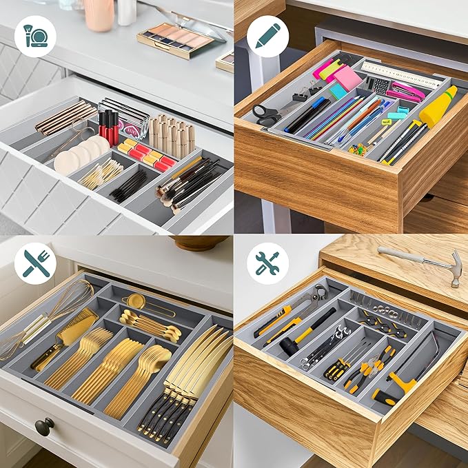 Sben Expandable Drawer Organizer for Utensils Holder, Adjustable Cutlery Tray, 6-8 Slots, Premium Wood Drawer Dividers Organizer for Silverware, Flatware, Knives for Kitchen (Gray)