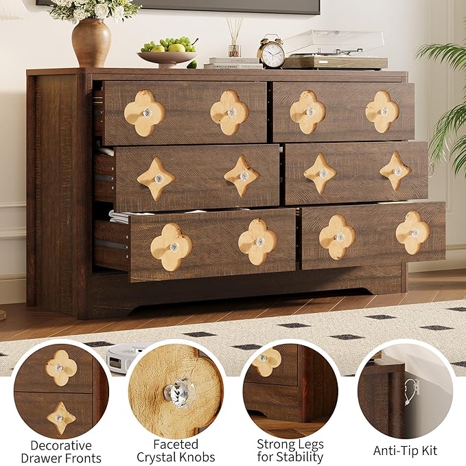 Garvee Dresser for Bedroom with 6 Drawers, 47.2'' Wide Chest of Large Decorative Drawer Front with Large Clothes Storage Cabinet, Wood Bedroom Dresser, TV Stand for Nursery, Living Room, Brown