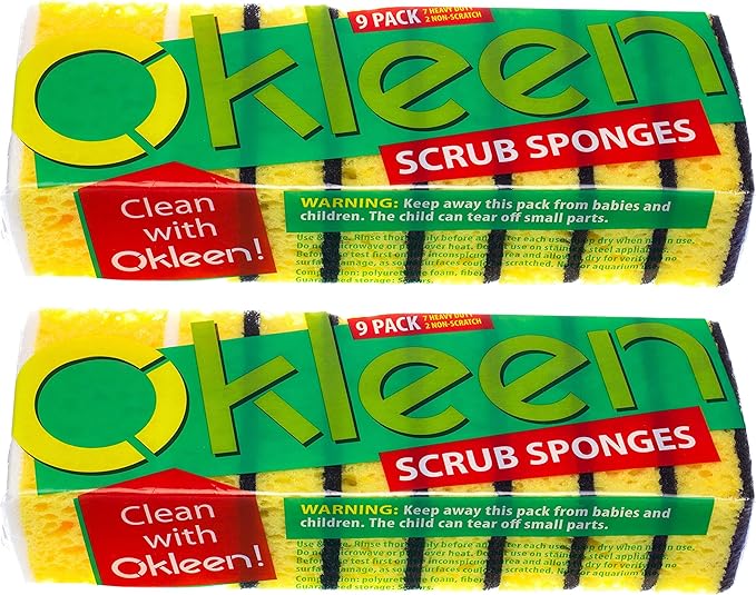 Okleen Yellow Multi Use Scrub Sponge. Made in Europe. Large Pack of 18. 4.3x2.8x1.4 inches. Black Heavy Duty & White Non Scratch Fiber. Best Odorless & Durable Professional Scrubber for Commercial Use