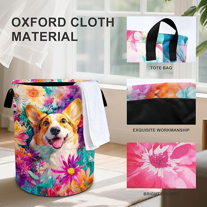 Dog Flower Laundry Basket Storage Bin Foldable Laundry Hamper Clothes Storage Bucket Organizer 19.6x15.7 Inch For Laundry Room/Bedroom/Bathroom