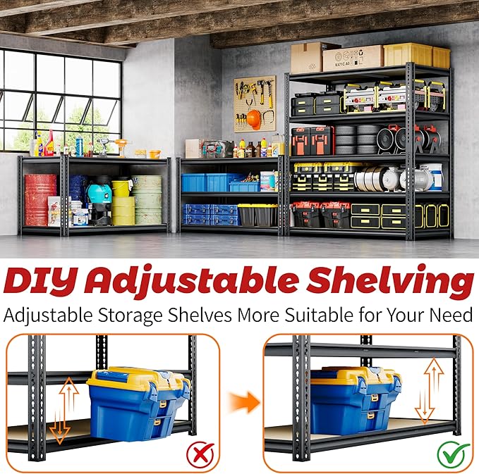 72"H Storage Shelves heavy duty, 2250LBS Garage Shelving, 5 Tier Metal Shelving Unit Adjustable Garage Shelves Utility Rack Shelf for Storage Warehouse Pantry Closet,40" W × 20" D × 72" H, Black, 2PCS