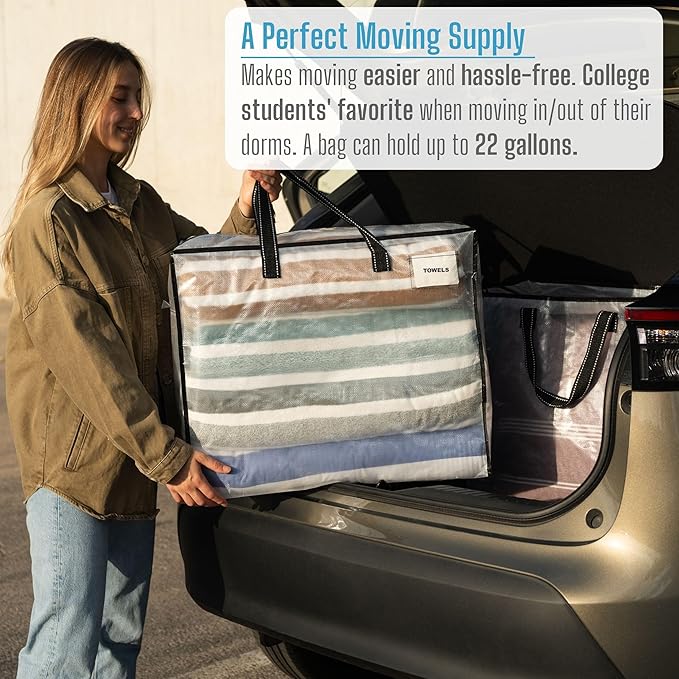 VENO 4 Pack Moving Bags, Christmas Storage Containers, Storage Totes, Zipper On Top, Sturdy, Storage Bags for Camping, Clothes, Bedding, Comforters, Pillows (22 Gallon Clear, 4 Pack)