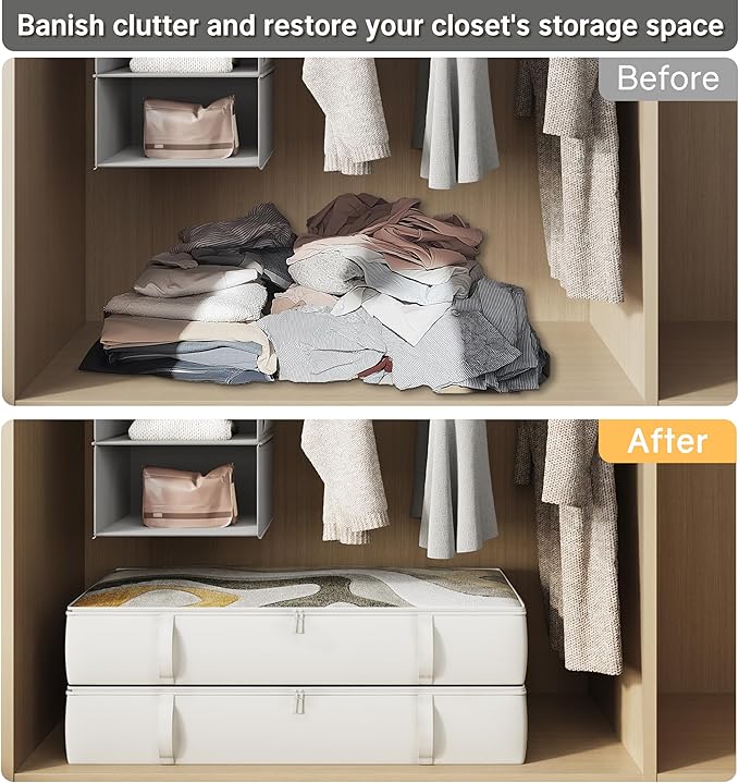 TidyCorner 2-Pack Under Bed Storage Containers, 8 Inches Tall Underbed Clothes Storage Organizer Bin with Sturdy Sidewalls/Bottom, Under the Bed Storage Bags 2 Storage Bins, Beige