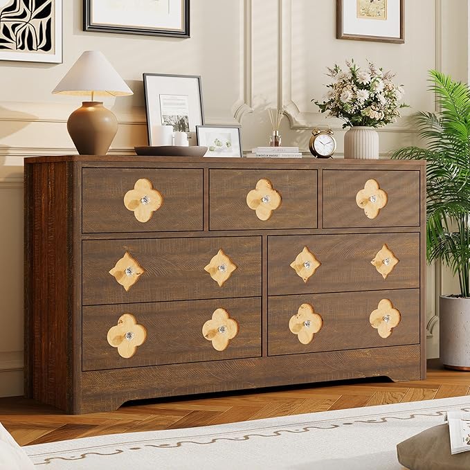 Garvee Dresser for Bedroom with 7 Decorative Front Drawers, 54'' Wide Chest of Drawers with Large Clothes Storage Cabinet, Wood Bedroom Dresser, TV Stand for Nursery, Living Room, Hallway, Brown