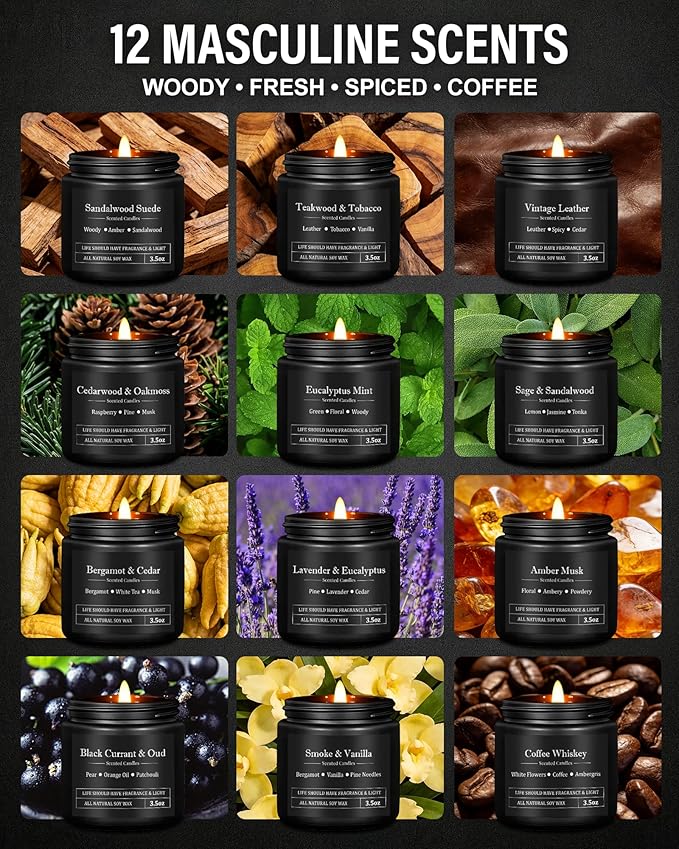 12 Pack Scented Candles for Men, Masculine Candle Gift Set with Smoky, Woody & Spiced Scents, Soy Wax Aromatherapy Candles for Home, Gifts for Him, Boyfriend