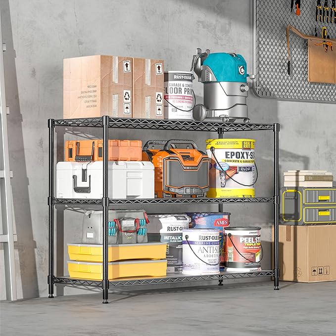 RackBro 795LBS 3-Shelf Adjustable Storage Shelves 36" W x 14" D x 36" H Metal Shelving Unit Heavy Duty Wire Rack Small Organizer with 3 Shelf Liners for Kitchen Pantry Bathroom Closet Garage Black