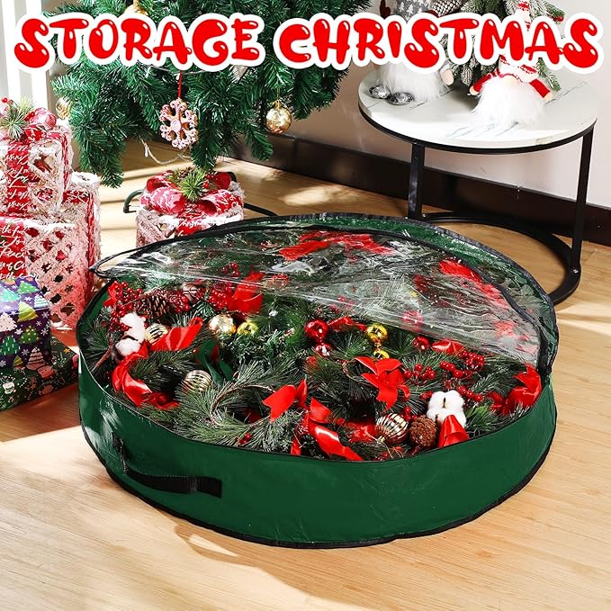 Aliceset 4 Pack Wreath Storage Containers, Christmas Ornament Garland Wreath Storage Bags with Handle Dual Zipper Large Decorative Storages Box for Winter Wreaths(30 x 30 x 7.8 Inch,Green)