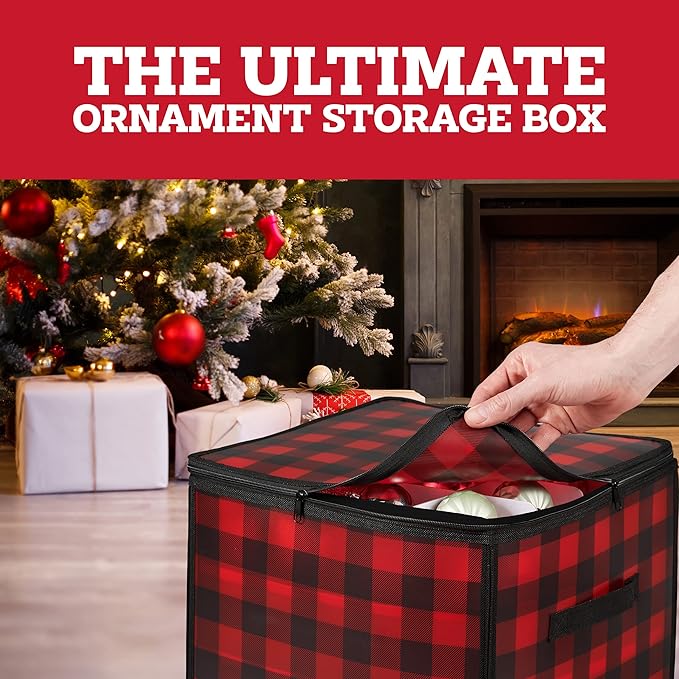 ZOBER Christmas Ornament Storage Box Plastic - Stores 64 3" Ornaments with Individual Trays - Ornament Organizer Storage Box, Durable Christmas Containers Holder - Plaid