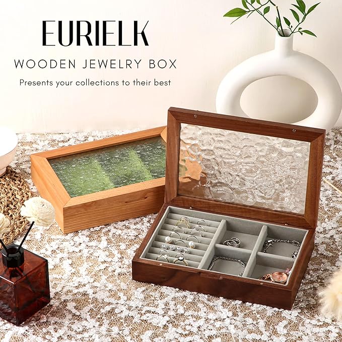 Wooden Jewelry Box for Women, Medium Size Natural Solid Walnut Wood Vintage Trinket Organizer with Large Storage, Ring Compartments, Built in Necklace Hooks, Glass Lid, ek06-m-walnut