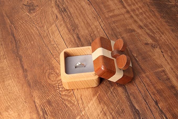 MISS LI GARDEN Special Design Wooden Ring Box, Ring Holder Box with Single Slot, Gift Box for Wedding,Engagement, Ceremony,Anniversary, Christmas