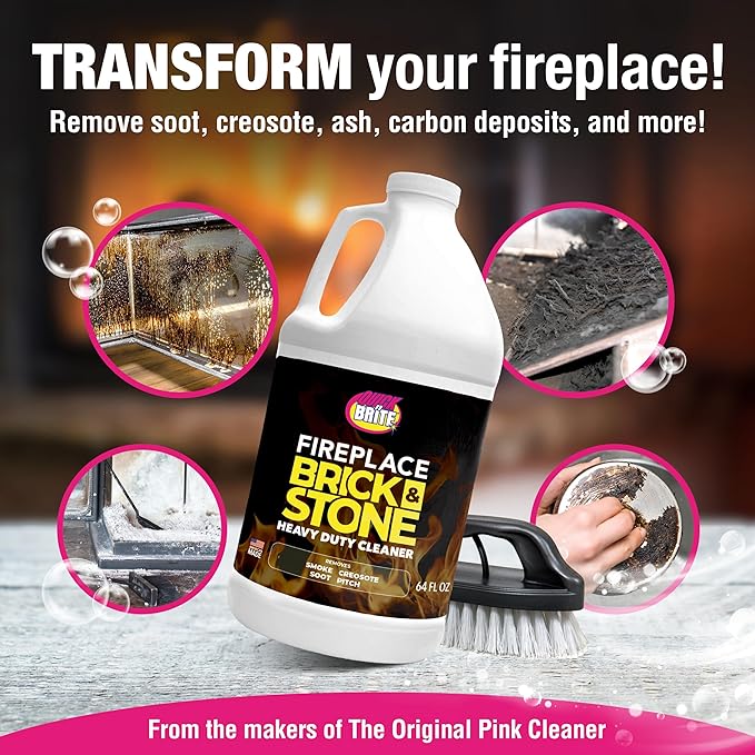 Quick 'n Brite Fireplace Brick and Stone Cleaner 64oz - Natural Stone, Tile, and Marble Cleaner with Scrub Brush - Indoor Fireplace and Wood Stove Cleaning Kit - Pellet Stove Creosote Remover