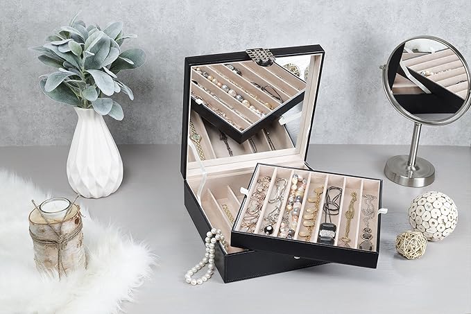 Glenor Co 12 Section Necklace Organizer - Large Mirror - 2 Trays - PU Leather - Black - Jewelry Box - Modern Buckle Closure - Fits Necklace & Bracelet - Jewelry Holder for Women Teens & Girls