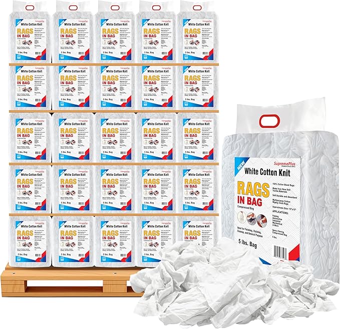 Premium White T-Shirt Cleaning Rags (600 lbs. Pallet 120x5 lbs. Bag) – White Cotton Rags for Cleaning, Staining, Painting, Oil, Grease & Dust Removal – Shop Rags Bulk for Multipurpose use