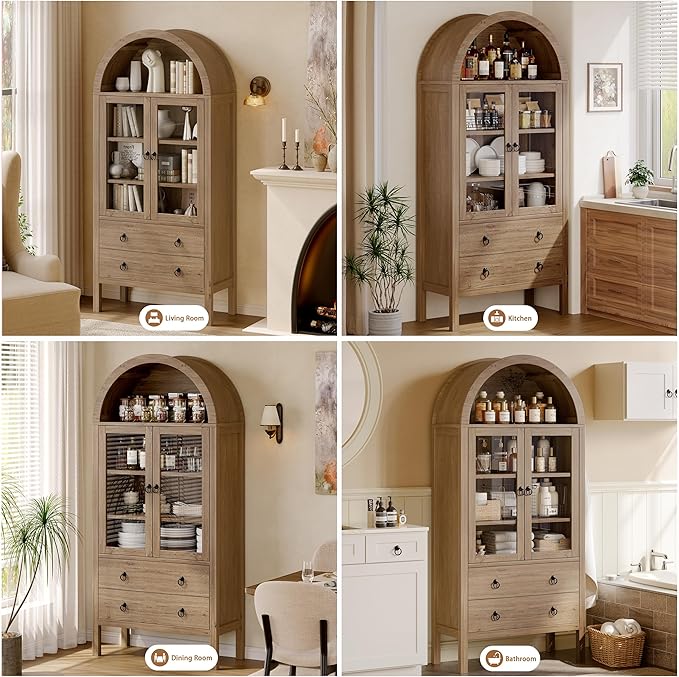 71'' Tall Arched Cabinet, Arched Kitchen Pantry Cabinet with Doors, Wood Arch Storage Cabinets Bookcase with 2 Large Drawers and Adjustable Shelves, Versatile Cupboard for Living Room, Natrual