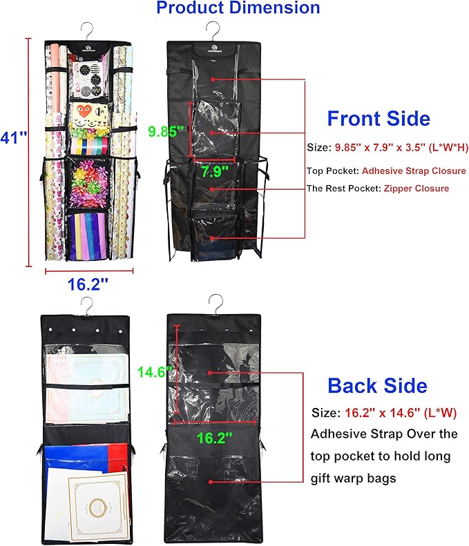 Freegrace Double Sided Hanging Gift Wrap Organizer | Large 16" x 41" Wrapping Paper Rolls Storage Bag | Tearproof & Space Saving Closet Gift Bag Organization Solution (Black)