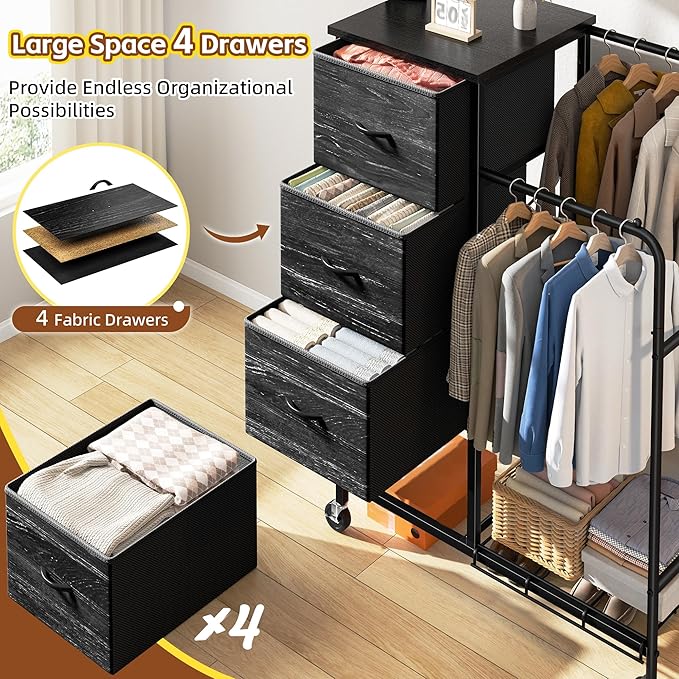 47.3" H Dresser with Hanging Rack, 4 Fabric Drawers with Double Clothes Rack & Wheels, Tall Closet Organizer Dresser for Bedroom, Entryway, Black, 15.8" D x 29.9" W x 47.3" H