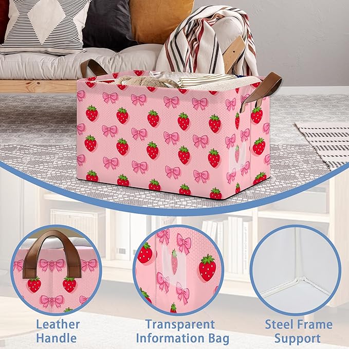 Strawberry Storage Basket with Handles,Bow Collapsible Rectangle Organizer Bin for Room Decoration Books Box Baskets 17x11.5x10Inch