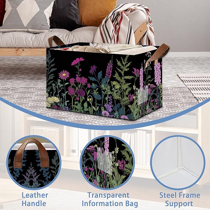 Vintage Wildflowers Storage Baskets,Garden Plants Herb Foldable Large Capacity Organizer Bins with Waterproof Lining and Leather Handles for Closet,Shelf,Bedroom 17x11.5x10Inch