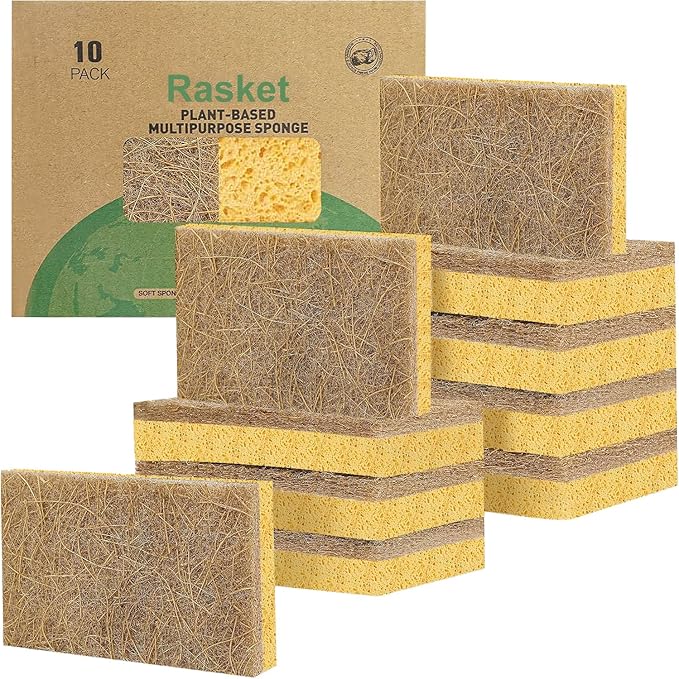 Rasket 10 Pack Biodegradable Natural Sponges Kitchen - Compostable Cellulose and Coconut Walnut Scrubber Sponge - Eco Friendly Sponges for Dishes