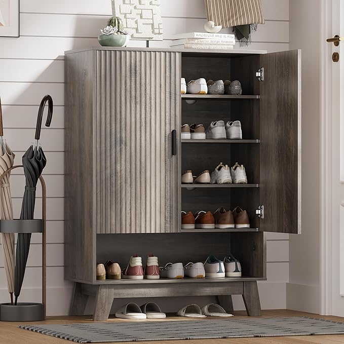 Shoe Cabinet Storage for Entryway with Doors, 5 Tier Fluted Shoe Organizer with Adjustable Shelves, Entryway Shoe Storage with Wooden Legs, Freestanding Hidden Shoe Rack for Front Door Entrance, Grey