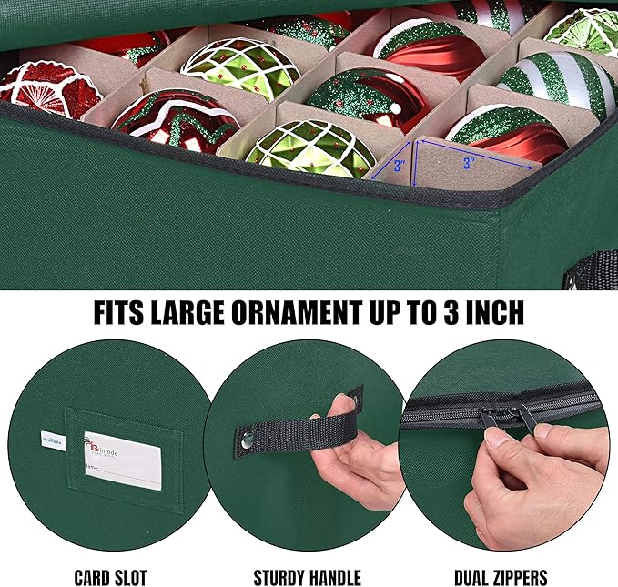 Primode Christmas Ornament Storage Box, 4 Individual Trays Xmas Storage Container, Fits 64 Ornaments Decoration Balls, Constructed of Durable 600D Oxford Material (Green)