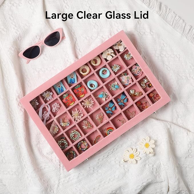 Frebeauty 40 Grid Jewelry Tray,Adjustable Earring Holder Organizer with Glass Lid,Velvet Drawer Jewelry Organizer for Rings,Studs,13.8 x 9.5 x 2 Inches Jewelry Display Box,Gift for Women(Pink)