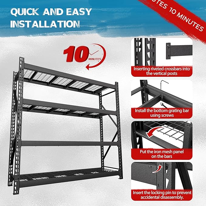 Yardenaler 8000LBS Storage Shelves, 4-Tier Adjustable Metal Shelving Units, Iron Industrial Shelving for Garage, Warehouse, Basement, 91 "W x 24 "D x 87 "H, Black