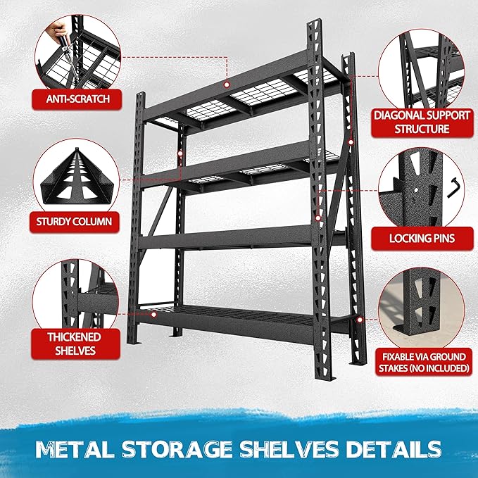 BlueWish 9000LBS Wire Rack Shelving, 18”D x 61”W x 72”H Storage Racks and Shelving with Reinforced Wire Partition, 4 Tiers Heavy Duty Garage Shelves for Warehouse Basement, Black