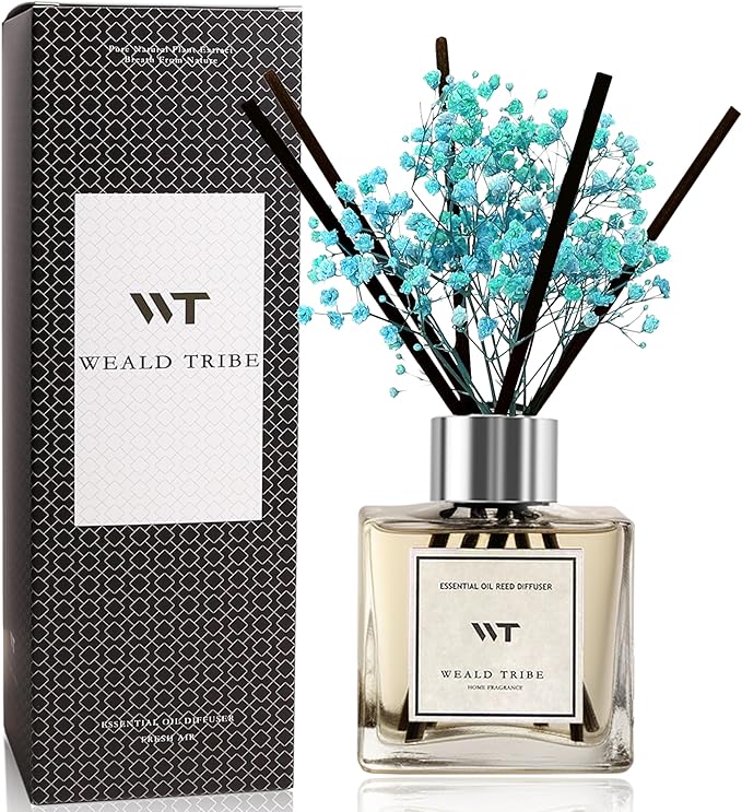 WEALD TRIBE Reed Diffuser Set for Bathroom Air Fresheners with Real Flower, Oil Diffuser Stick | Ocean Mist & Sea Salt Scent 5.1 fl oz Home Fragrance with Sticks Defusers | House Office Shelf Decor