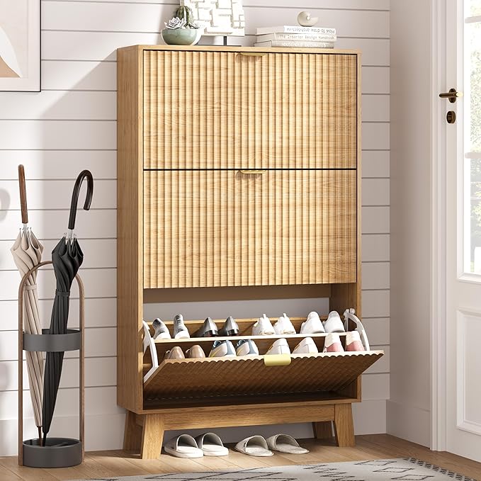 Shoe Cabinet Storage for Entryway with 3 Flip Drawers, Fluted Narrow Shoe Organizer with Wooden Legs, Freestanding Slim Shoe Storage Hidden Shoe Rack Organizer for Front Door Entrance, Oak