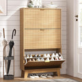 Shoe Cabinet Storage for Entryway with 3 Flip Drawers, Fluted Narrow Shoe Organizer with Wooden Legs, Freestanding Slim Shoe Storage Hidden Shoe Rack Organizer for Front Door Entrance, Oak