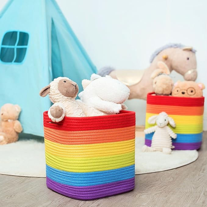 MINTWOOD Design 3-Pack 11x11 Inch Cube Storage Bin, Woven Storage Cube Organizer, Closet Organizer, Cute Square Storage Bins, Decorative Classroom Bathroom Pantry and Shelf Baskets, Rainbow