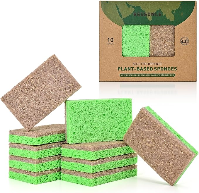 BESSONLE 10 Pack Biodegradable Natural Sponges Kitchen - Compostable Cellulose and Coconut Walnut Scrubber Sponge - Eco Friendly Sponges for Dishes