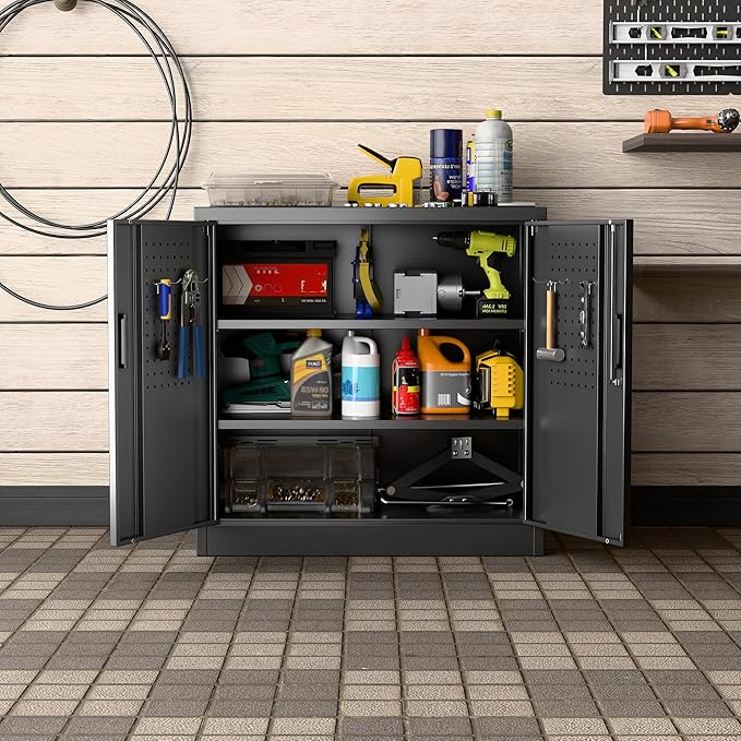 Aobabo 31.5" H Garage Storage Cabinet with 2 Shelves, Metal Cabinet with Lock and 4 Hooks for Home Office Garage, Black, Assembly Required