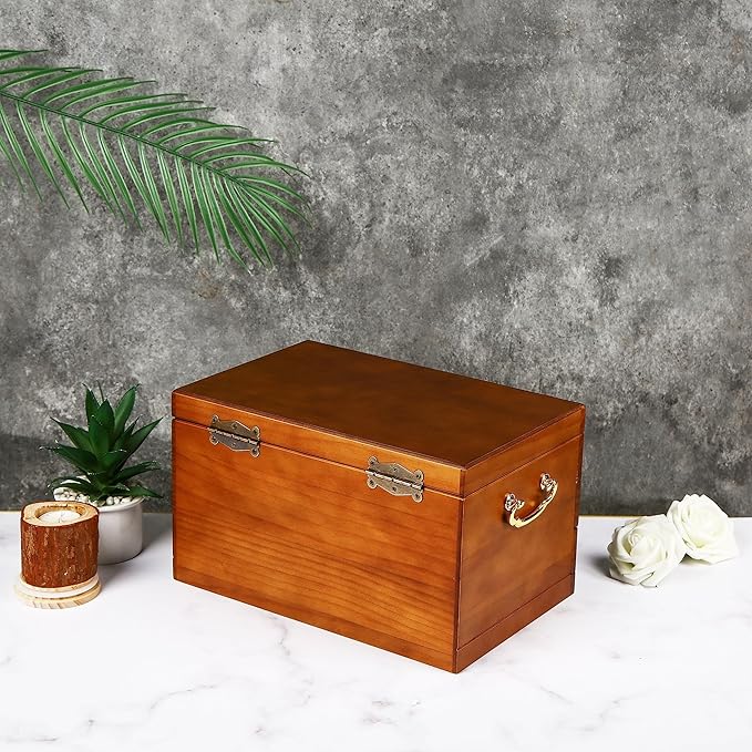 Wooden Jewelry Box with Lock and Key for Women, 2 Drawers Medium Size Real Natural Wood Lockable Antique Organizer with Large Storage, Ring Compartments, Built in Necklace Hooks