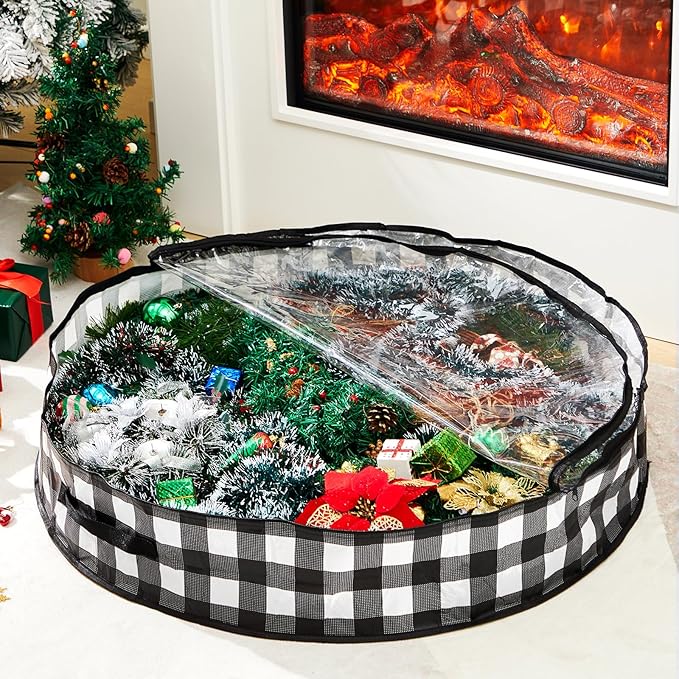 Aliceset 4 Pack Wreath Storage Containers, Christmas Ornament Garland Wreath Storage Bags with Handle Dual Zipper Large Decorative Storages Box for Winter Wreaths(36 x 36 x 7.8 Inch,Black White Plaid)