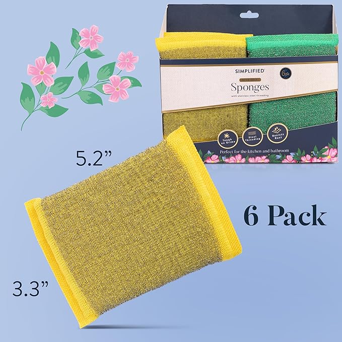 Simplified 6-Pack Steel Scouring Sponges with Rust Resistant Stainless Steel Threading for Home and Kitchen Cleaning Supplies, Heavy Duty Cleaning Sponge for Kitchen & Bathroom, Navy/Yellow