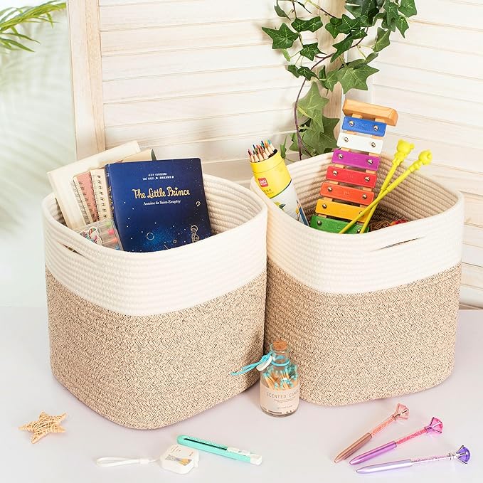 MINTWOOD Design 3-Pack 11x11in Woven Cube Storage Bin and Shelf Baskets, Cute Decorative Square Organizer for Closet, Classroom, Bathroom, Dog and Cat Toys, and Books, Light Brown