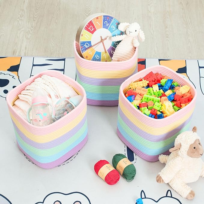 MINTWOOD Design 3-Pack 11x11in Woven Cube Storage Bin and Shelf Baskets, Cute Decorative Square Organizer for Closet, Classroom, Bathroom, Dog and Cat Toys, and Books, Pastel Rainbow