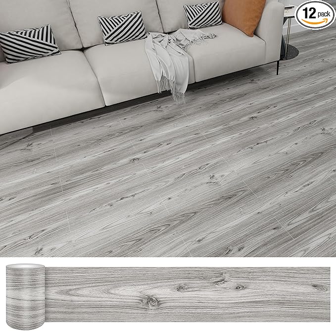 Lareko 18 Sq.Ft,Wood Peel and Stick Floor Tiles,12 Pack Grey Vinyl Flooring (No Adhesive Residue) 36"×6" Waterproof and Non-Slip Laminate Flooring for Renters Bathroom, Living Room(Gray Oak）