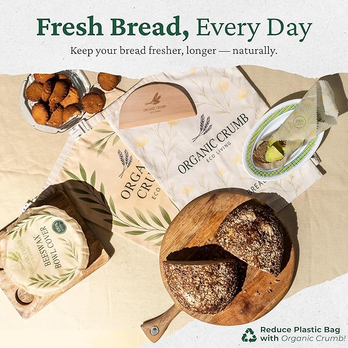 Organic Crumb Reusable Bread Bags for Homemade Bread (5 in 1) – 2 XL Cotton Beeswax Bags, Reusable Beeswax Wrap, Bowl Cover & Dough Scraper – Eco-Friendly Storage for Sourdough Bread Bags.