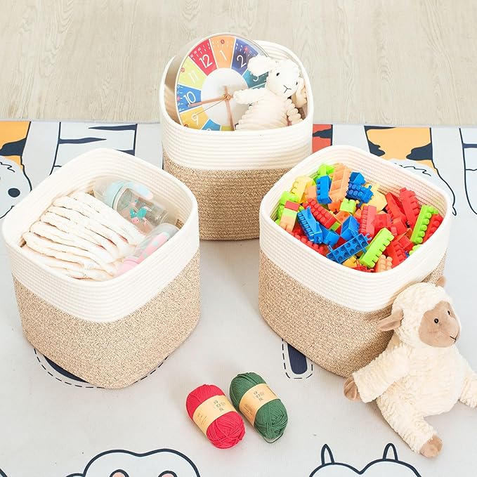 MINTWOOD Design 3-Pack 11x11in Woven Cube Storage Bin and Shelf Baskets, Cute Decorative Square Organizer for Closet, Classroom, Bathroom, Dog and Cat Toys, and Books, Light Brown