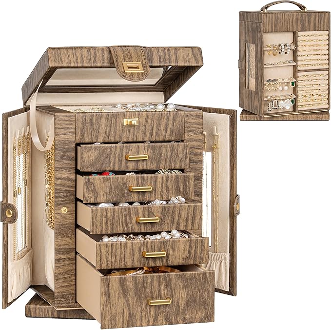 AKOZLIN 360° Rotating Jewelry Box 6-Tier Organizer Functional Jewelry Storage Case for Women Girls Ring Necklace Earring Bracelet Holder with Mirror Color Wood Grain