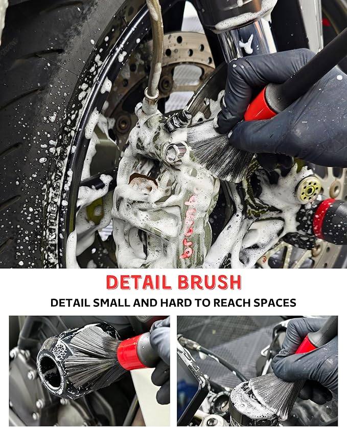 oesee Motorcycle Cleaning Brush Kit, Easy Reach Brush, Wool Wash Mitt, Stiff Tire Brush, Detailing Brush& Microfiber Towel for Motorcycle Mudguard, Rims, Paint, Exhaust