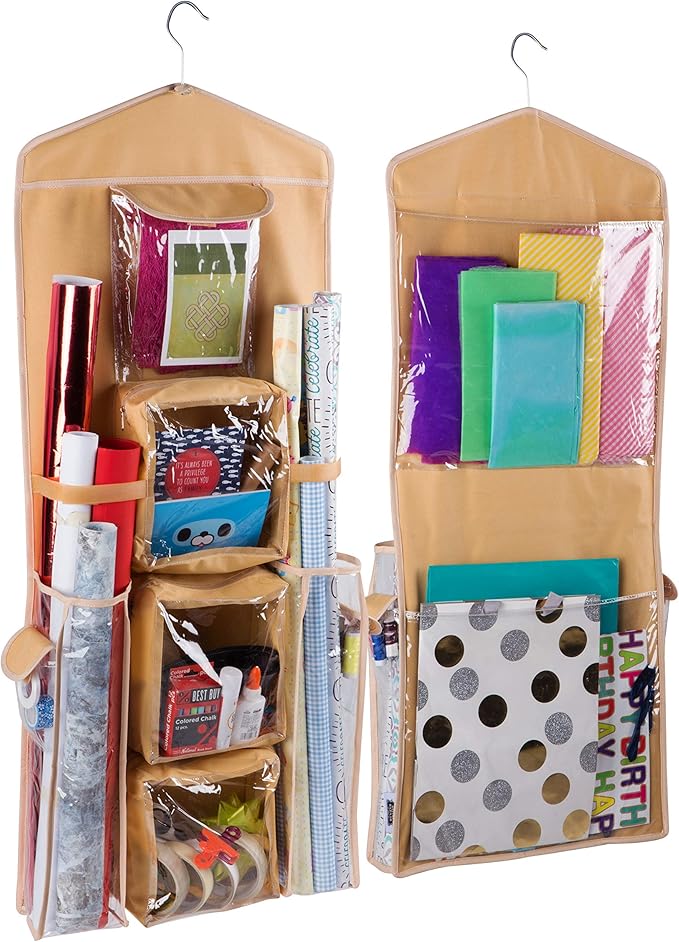 Double-Sided Hanging Gift Bag and Gift Wrap Organizer (Beige)