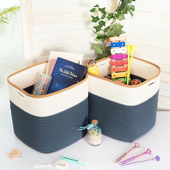 MINTWOOD Design 3-Pack 11x11 Inch Cube Storage Bin, Woven Storage Cube Organizer, Closet Organizer, Cute Square Storage Bins, Decorative Classroom Bathroom Pantry and Shelf Baskets, Prussian Blue