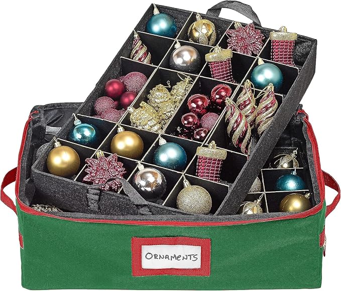 HOLDN’ STORAGE Christmas Ornament Storage Box with Dividers - Fits 48-3” Ornaments, 2 Removable Trays, Durable & Space-Saving, Clear Top Lid, Fits Underbed, Green