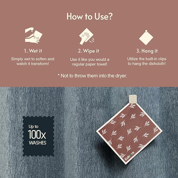 Eulnars Swedish Dishcloths, 8 Pack Reusable Paper Towels with Clips, Quick Drying Dish Towels, Super Absorbent Cellulose Sponge Cloths, No Odor, Kitchen Cleaning Essentials