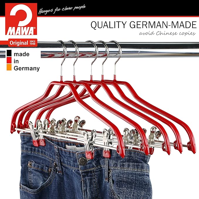 Mawa by Reston Lloyd Silhouette Series Non Slip Space Saving Hanger with Pant Clips, Style 40/FK,Set of 5, Red