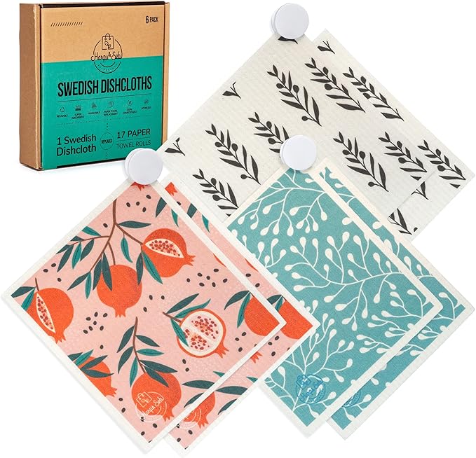 Harps&Seb Swedish Dishcloths for Kitchen Dishcloths - 6 Pack, Reusable Paper Towels with Clips, Super Absorbent Washable Non-Scratch Swedish Dish Towels, No Odor, Biodegradable